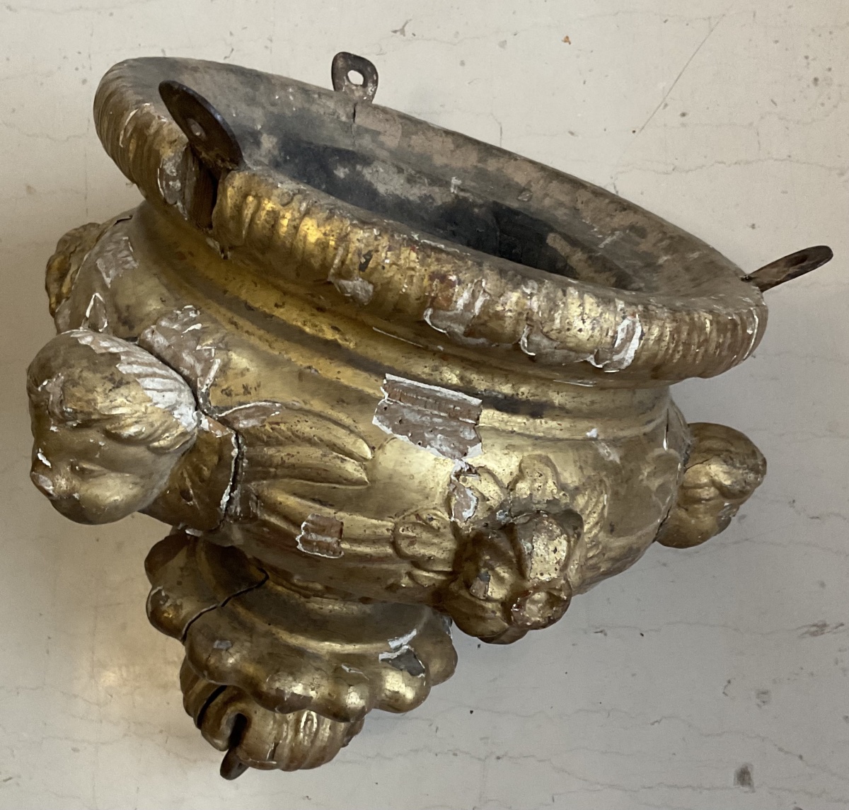 18th-century Gilded Wood Church Chandelier With Angel Heads, As-is-photo-5