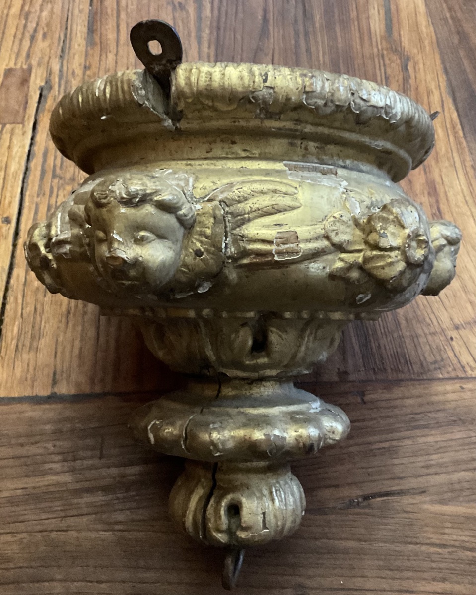 18th-century Gilded Wood Church Chandelier With Angel Heads, As-is-photo-7