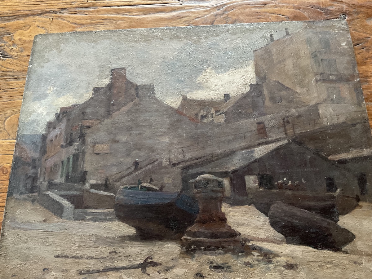 Huile sur bois barque  mise au sec -photo-2