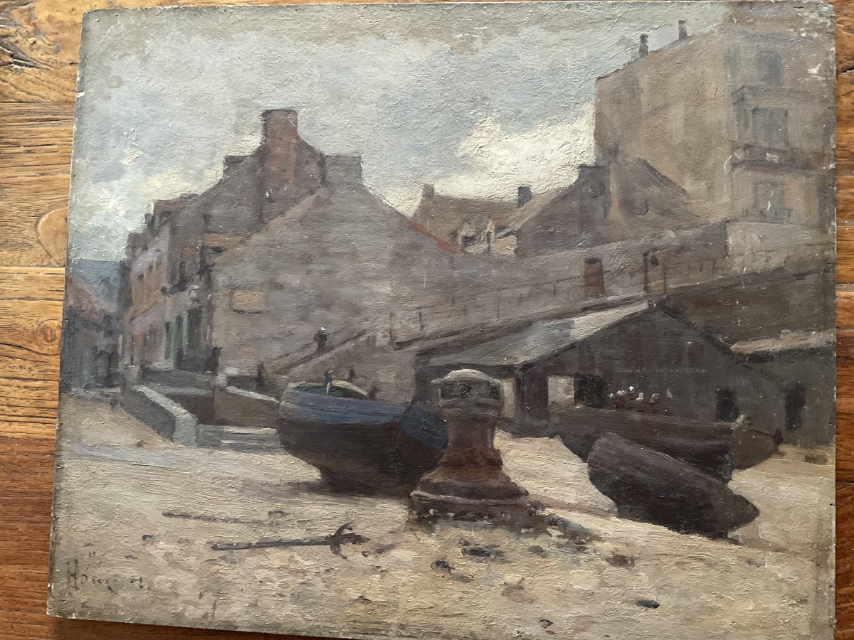 Huile sur bois barque  mise au sec 