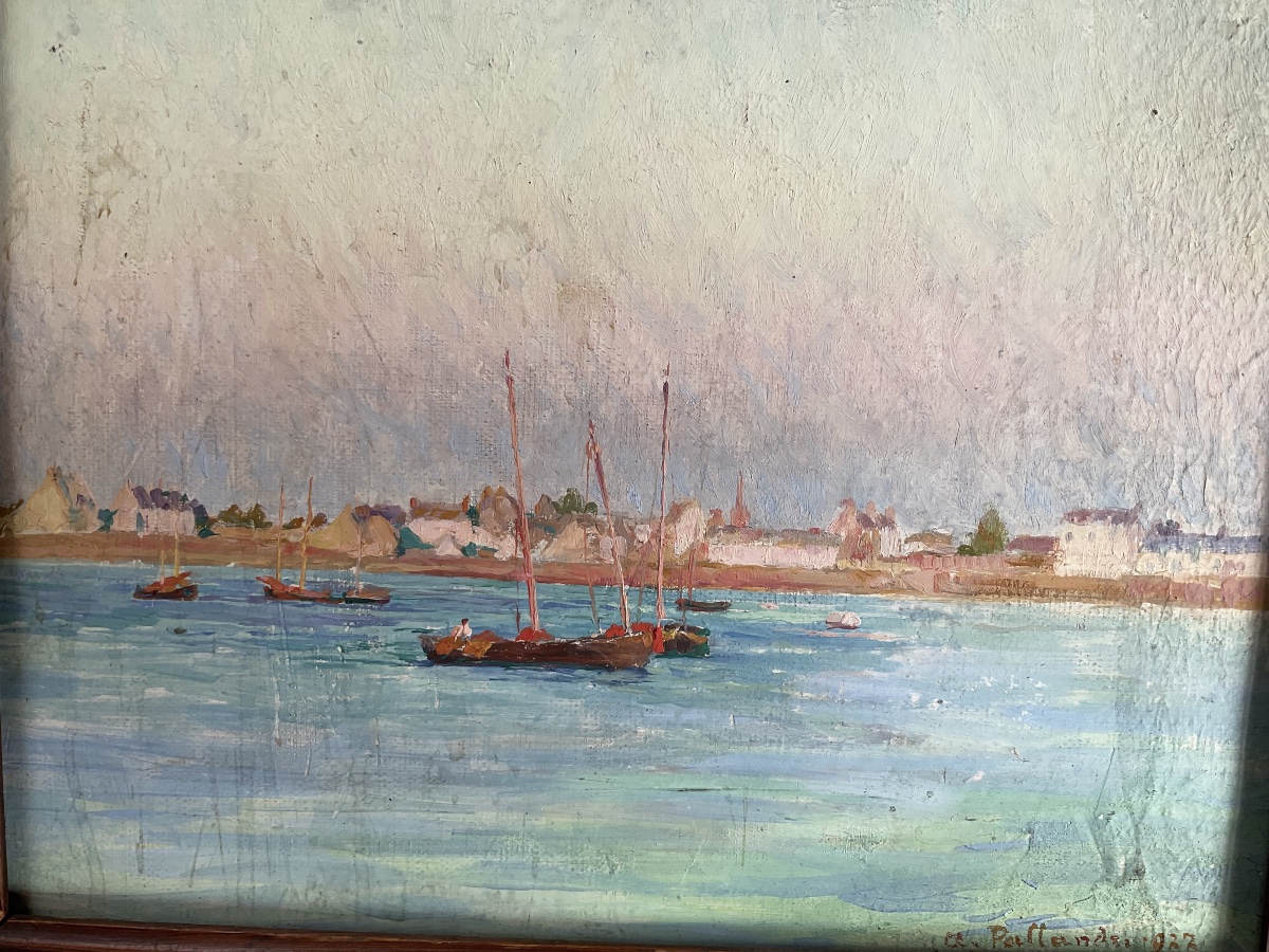 Charming Little Harbor, Oil On Cardboard, 1922-photo-2