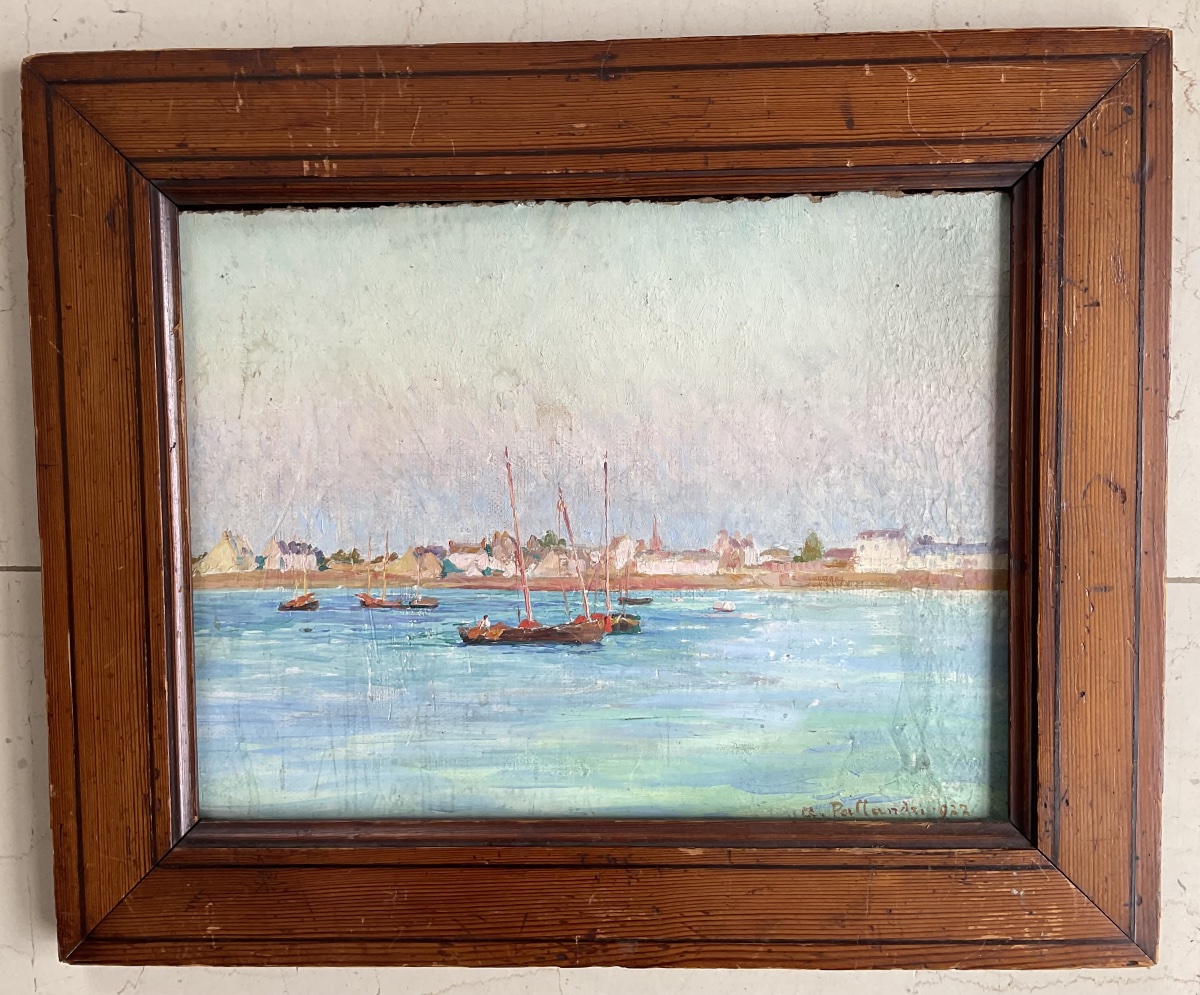 Charming Little Harbor, Oil On Cardboard, 1922-photo-2