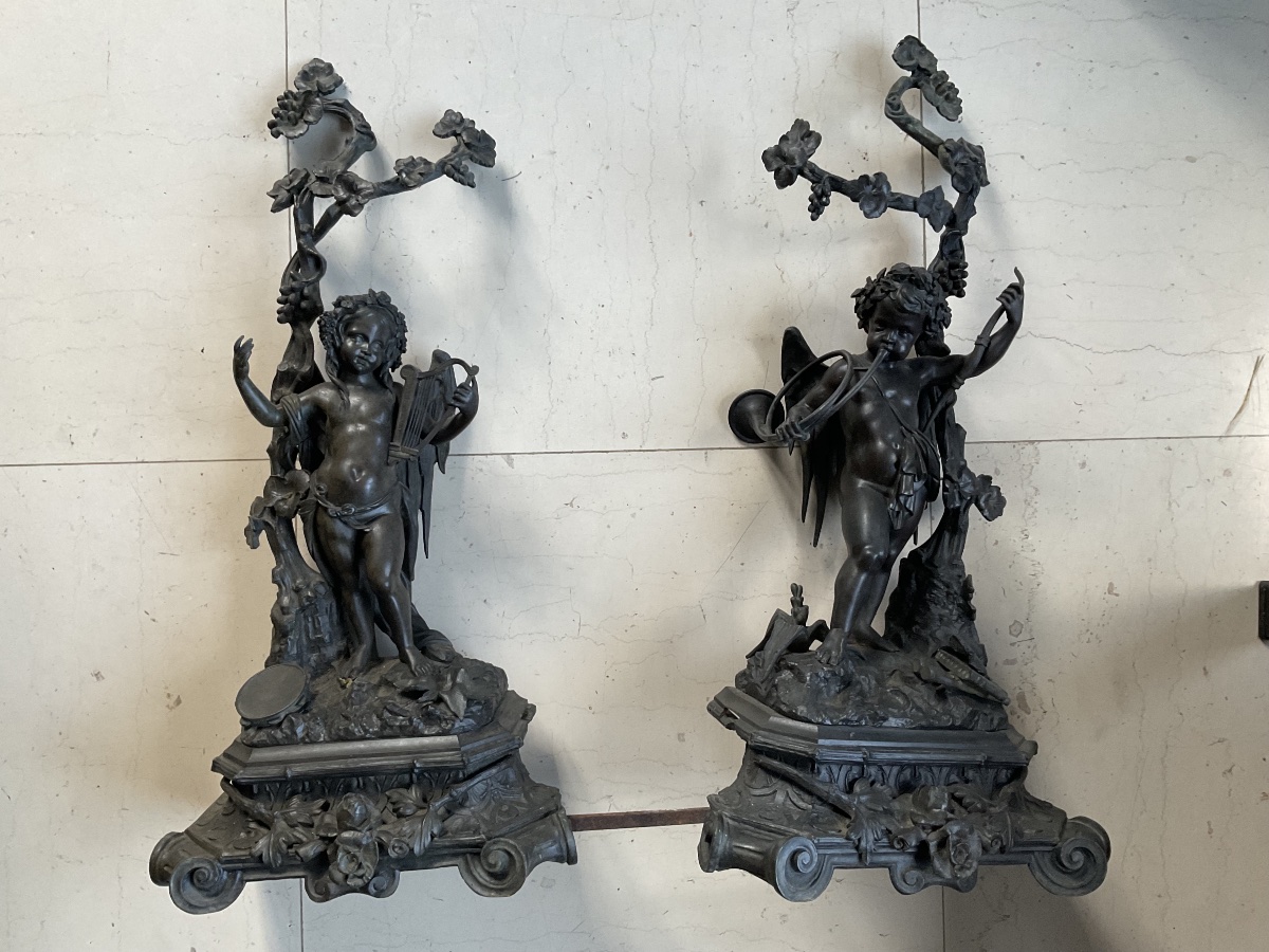 Pair Of Cherubs For A Mantelpiece, 59 Cm Tall