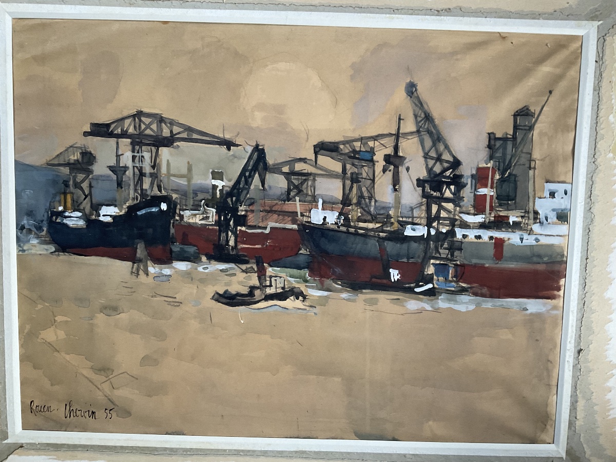Port de Rouen par Chervin peintre officiel de la marine 1955-photo-2