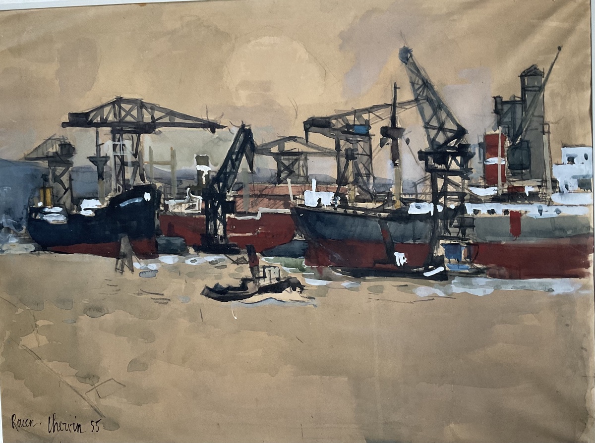 Port de Rouen par Chervin peintre officiel de la marine 1955-photo-3