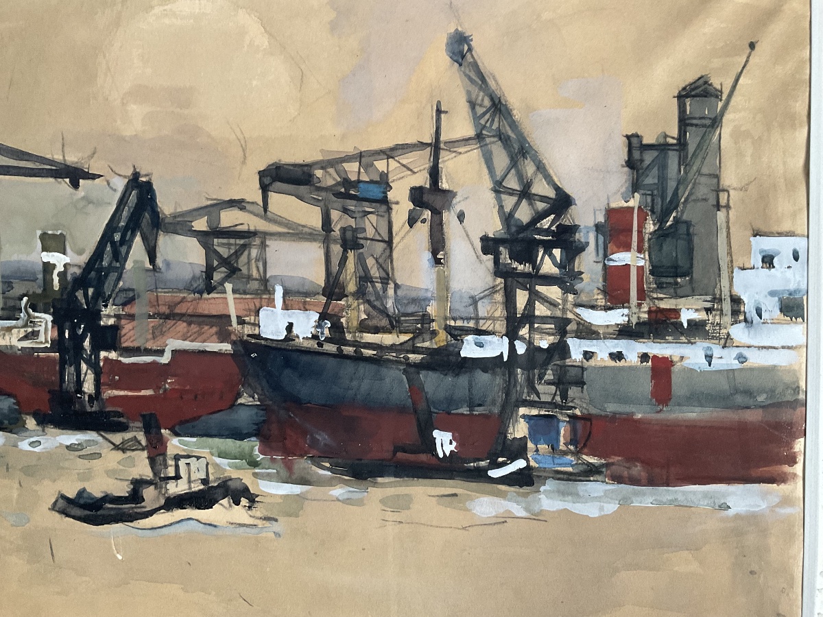 Port de Rouen par Chervin peintre officiel de la marine 1955-photo-1