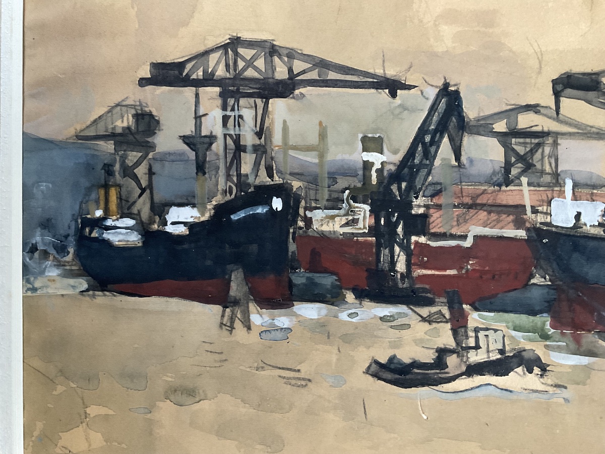 Port de Rouen par Chervin peintre officiel de la marine 1955-photo-2