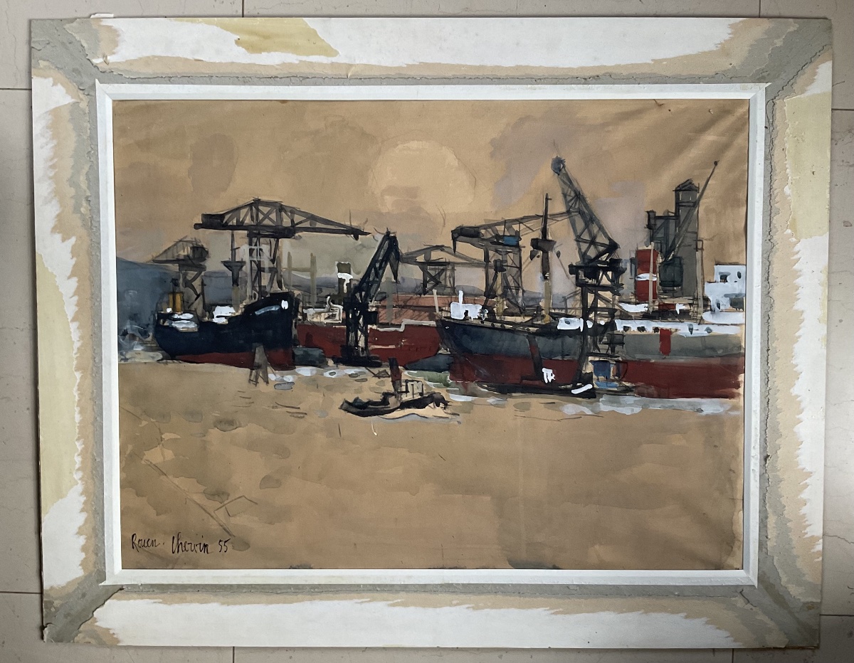 Port de Rouen par Chervin peintre officiel de la marine 1955-photo-3