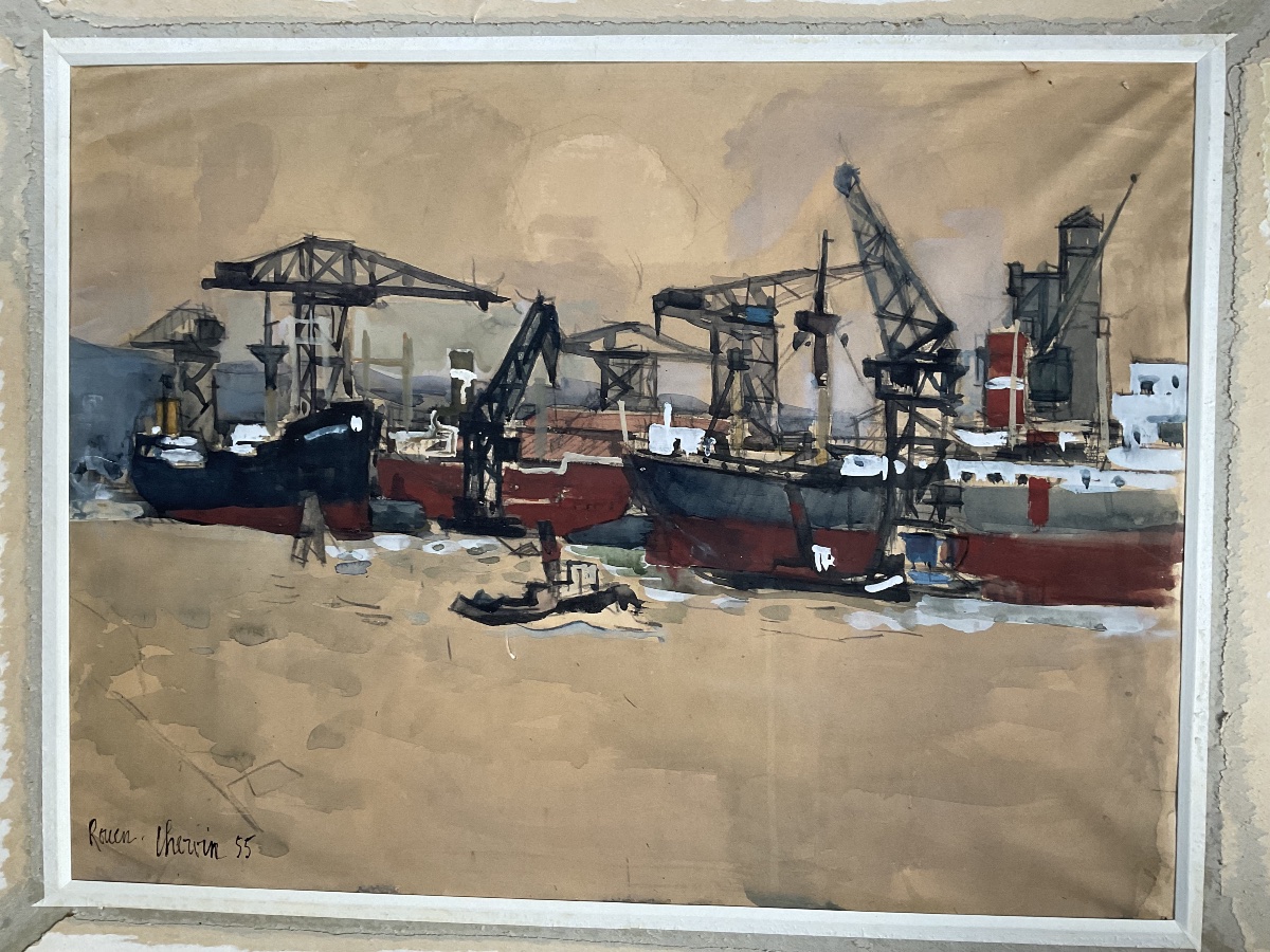 Port de Rouen par Chervin peintre officiel de la marine 1955