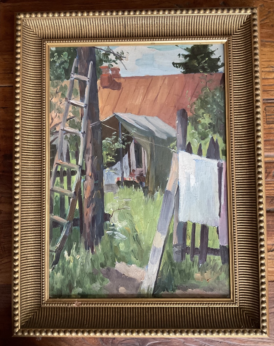 Huile sur carton repas à la campagne école russe-photo-4