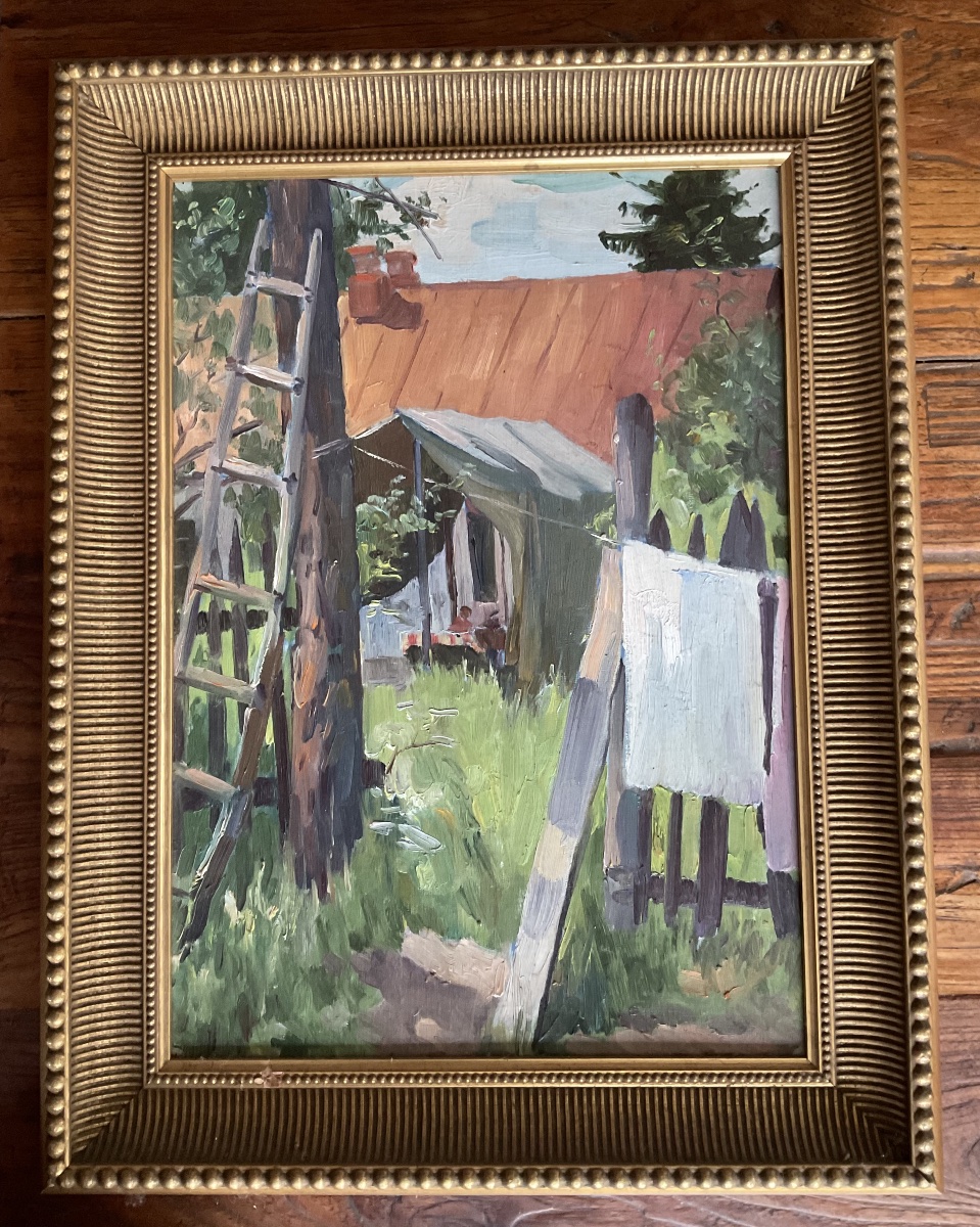 Huile sur carton repas à la campagne école russe-photo-1