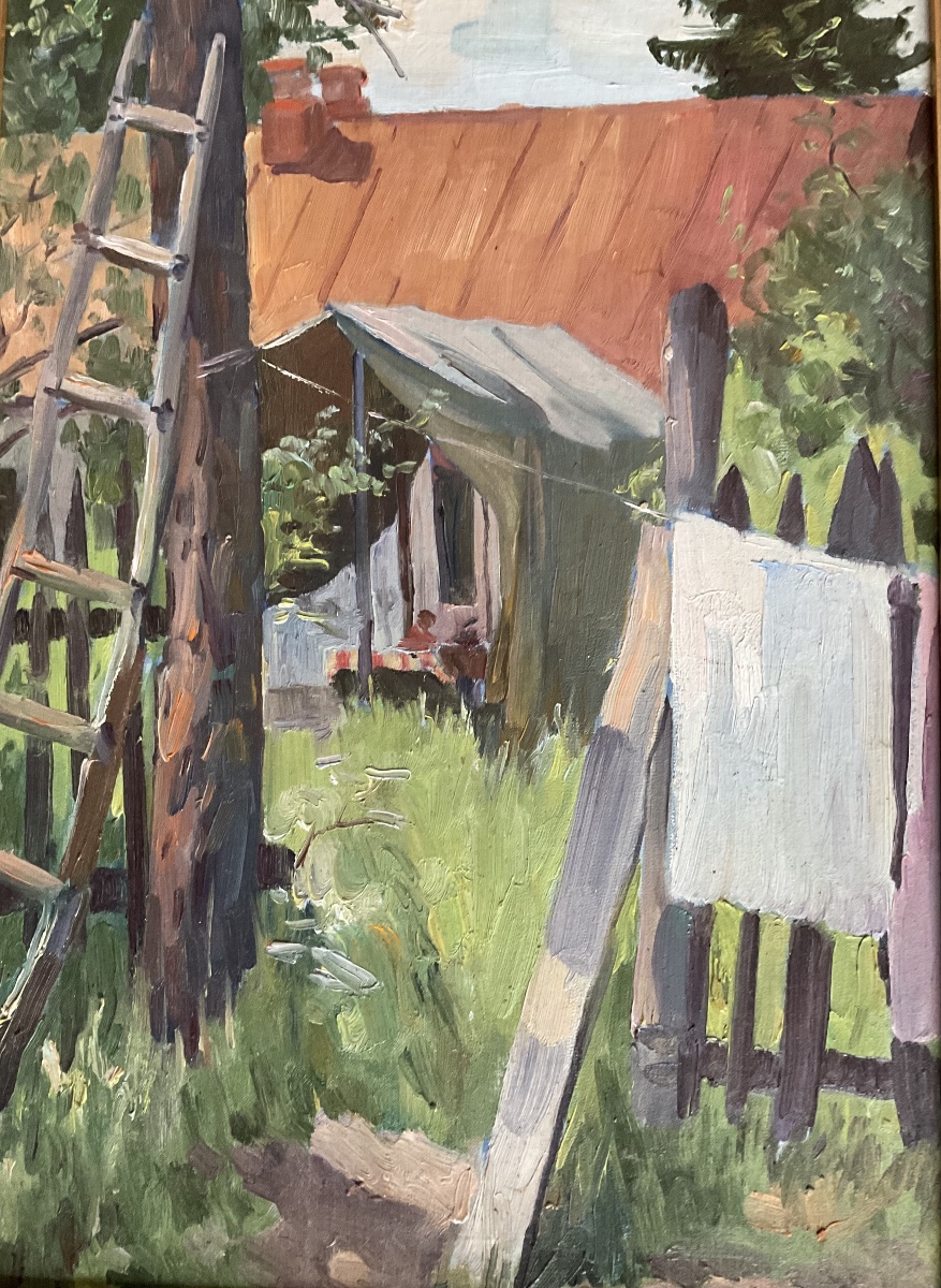 Huile sur carton repas à la campagne école russe