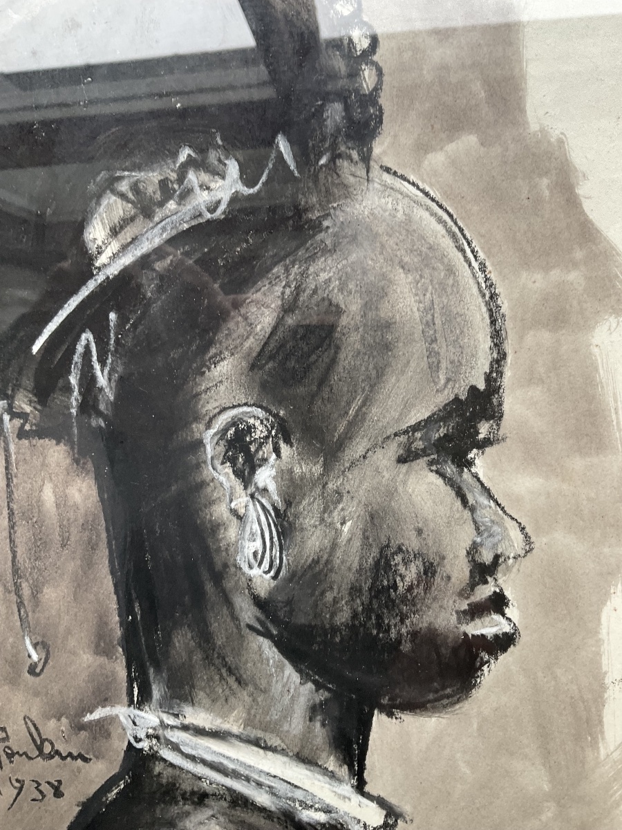 Ink Drawing By Jean Poulain: African Head In Profile-photo-2