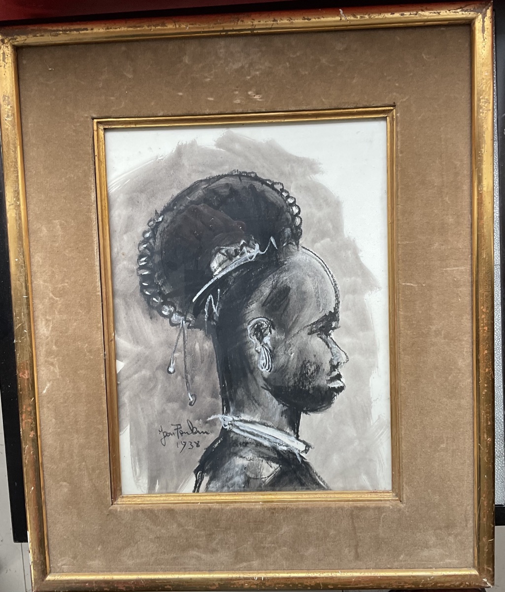 Ink Drawing By Jean Poulain: African Head In Profile-photo-4