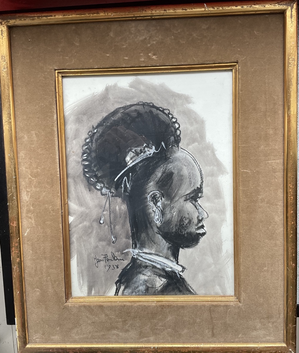 Ink Drawing By Jean Poulain: African Head In Profile-photo-1
