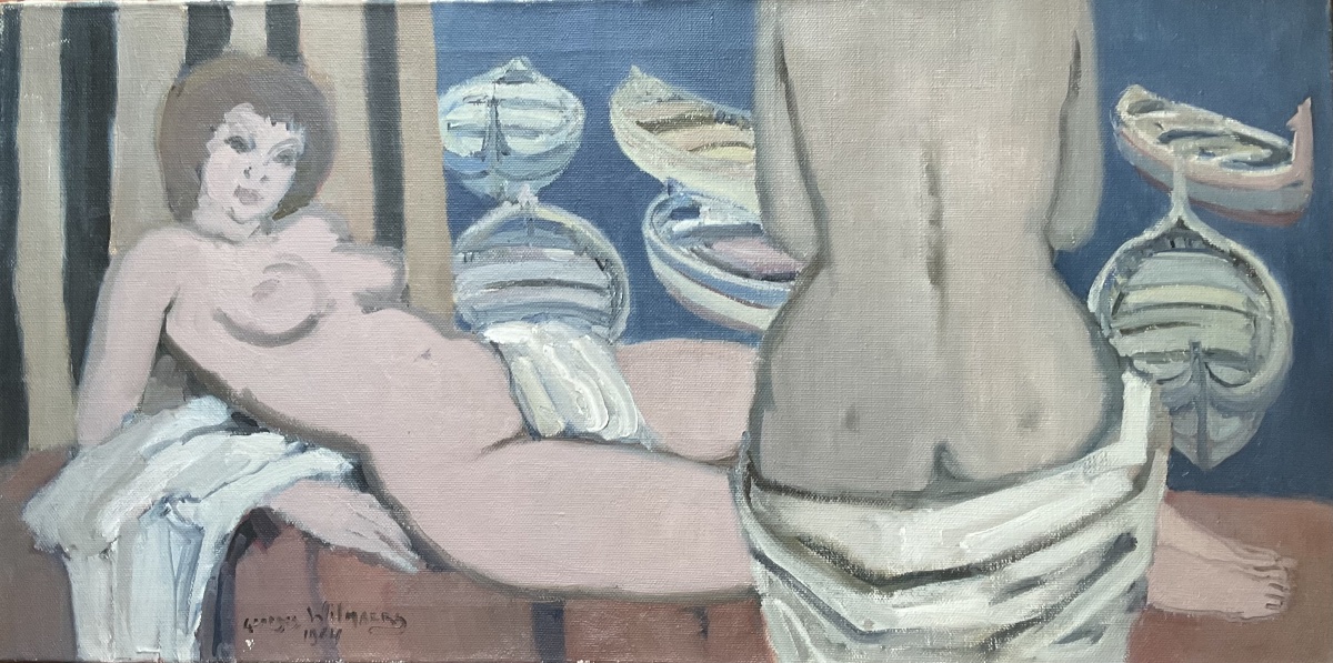 Painting Of Boats And Women On Vacation, Oil On Canvas -photo-2