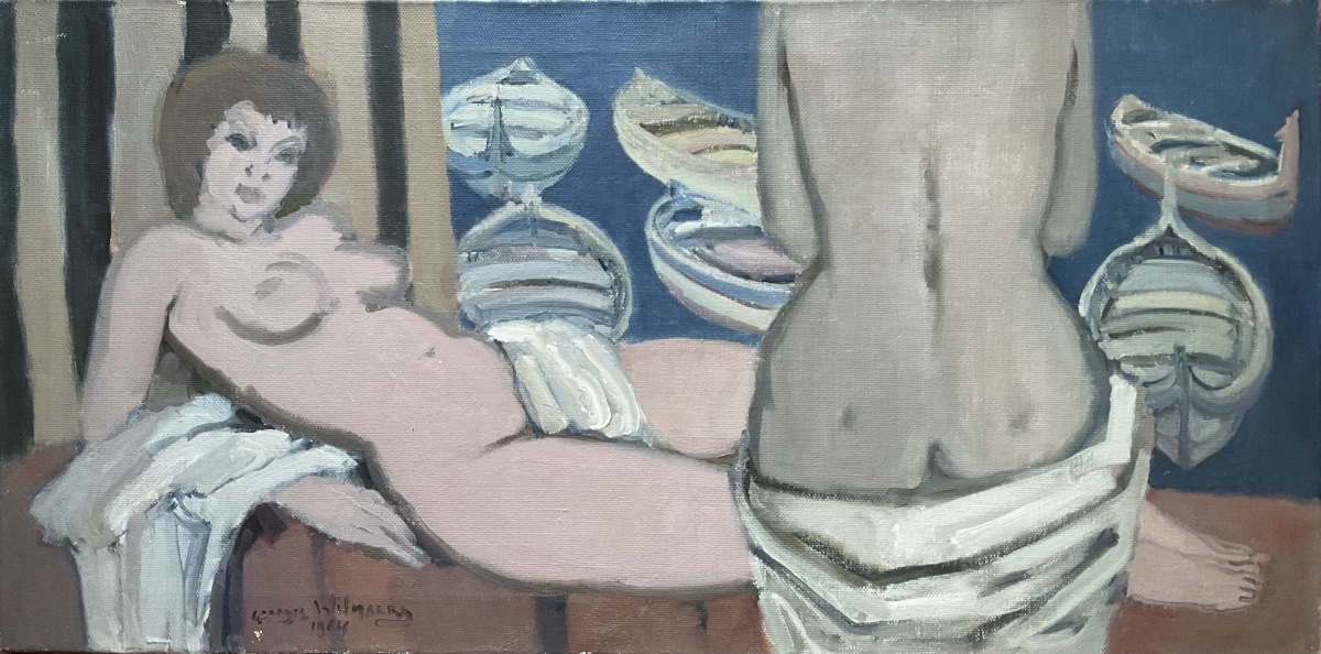 Painting Of Boats And Women On Vacation, Oil On Canvas -photo-3