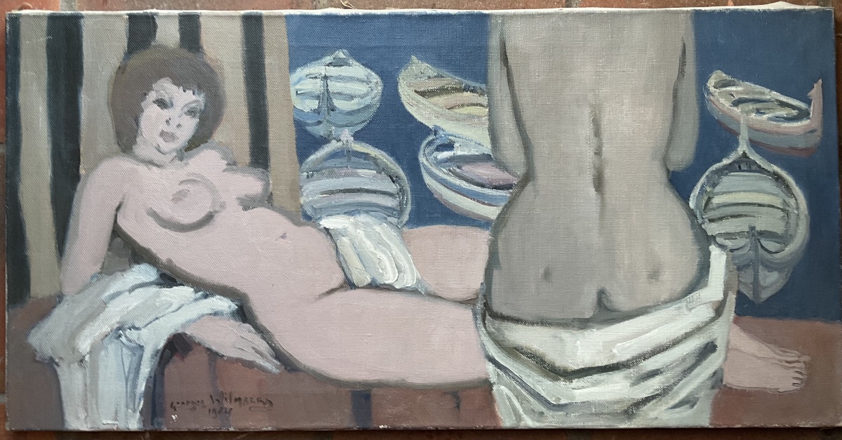Painting Of Boats And Women On Vacation, Oil On Canvas -photo-1