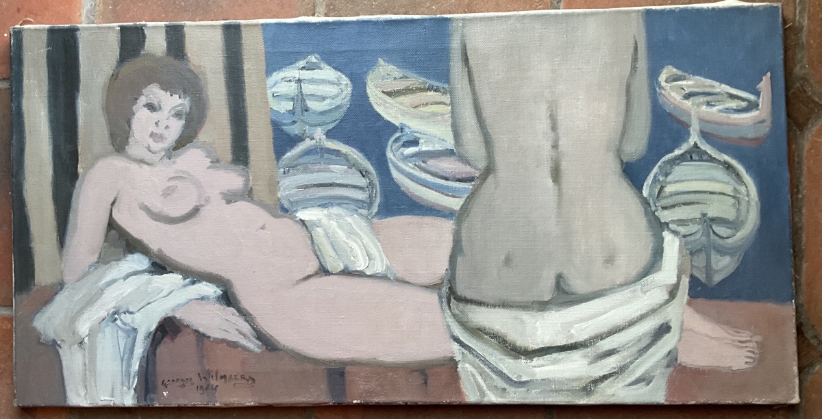 Painting Of Boats And Women On Vacation, Oil On Canvas 