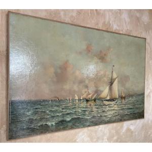 Very Rare Marine By Emile Maillard Representing A Calm Sea In The Mediterranean 