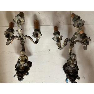 Pair Of Bronze Sconces With Putti