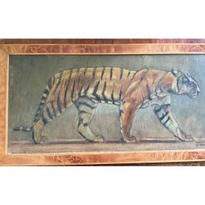 Tiger Walking Oil On Gravel Panel