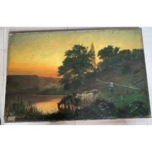 Cows At Sunset Le Puy En Velay By Charles Beauverie