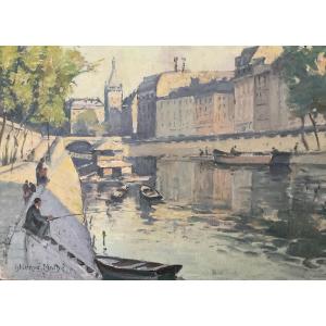 Panneau Hervé Mathe bord de Seine et bateau lavoir