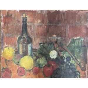 Nature morte bouteille et fruits hst