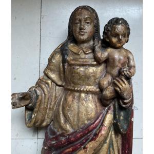 Vierge à l’enfant XVIIIE Bois polychrome 