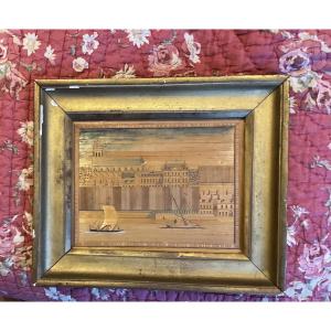 Small Frame In Straw Marquetry Depicting Boats On The River