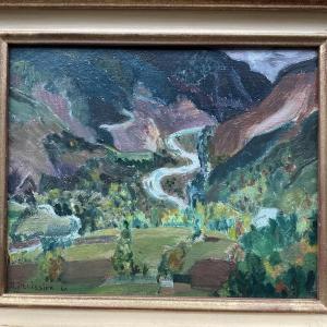 Huile sur bois paysage de montagne 1946
