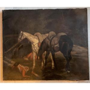 Chevaux et militaires huile sur toile