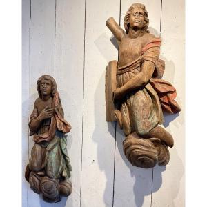 Pair Of 18th-century Angels, Polychromy Remains, 85 And 92 