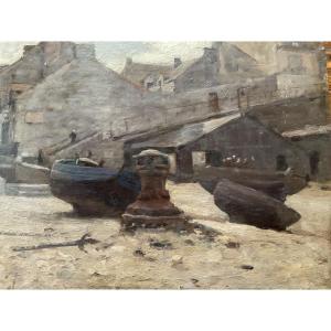 Barques échouées huile sur panneau 