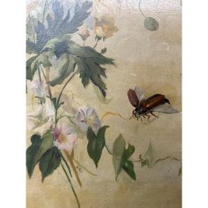 Insecte et fleurs huile sur carton