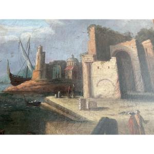 Deux toiles architecture près d’un port école italienne XVIIIe
