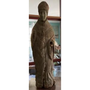 Saint Bishop 15th Century Polychrome Wood