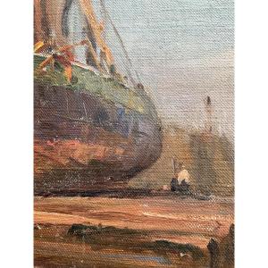 Ricard Cordingley huile sur toile bateau en reparation