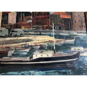 Vue du port huile sur toile marouflée 