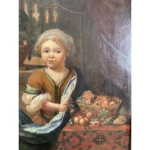 Oil On Panel Young Girl With Fruit In An Early 18th Century Interior