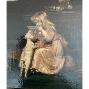 Little Girl With Her Cat And Dog