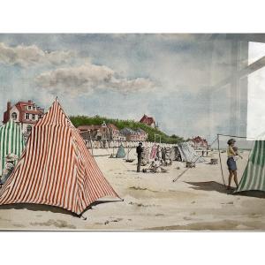 Plage du Crotoy baie de Somme 1950 aquarelle