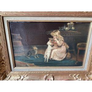 Little Girl With A Cat And A Dog