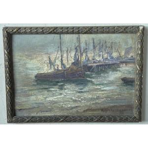 The Port Of Le Crotoy By Lefort Magniez, Oil On Cardboard