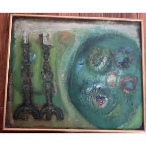 Toile deux chandeliers une assiette