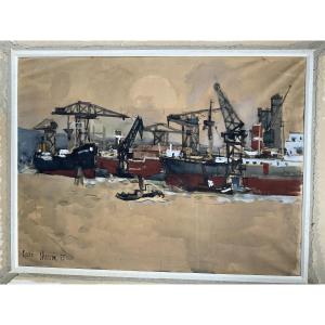 Port de Rouen par Chervin peintre officiel de la marine 1955