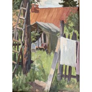 Huile sur carton repas à la campagne école russe