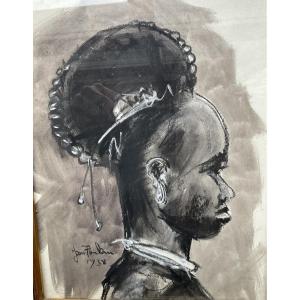 Ink Drawing By Jean Poulain: African Head In Profile