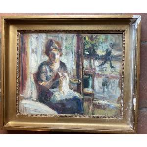 Woman Sewing By The Window, Oil On Double-sided Cardboard